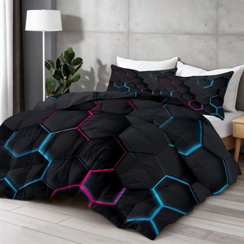 Bettdecke 4-Jahreszeiten Steppdecke in 135x200 cm, Abstrakte Sechsecke Geometrische Formen Warme und Leichte Schlafdecke ohne Bezug, Besonders Flauschig & waschbar, Schwarz