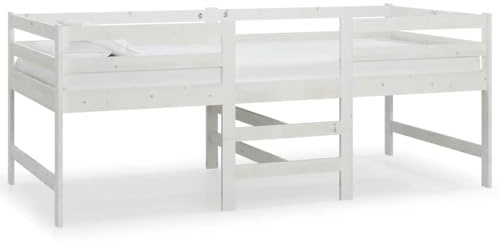 Owoxanthellate Halbhochbett Kiefer Massivholz Weiss 90x200 cm Einzelbett mit Leiter Geländer Modernes Design Robust und platzsparend für Jugendzimmer kleine Schlafzimmer