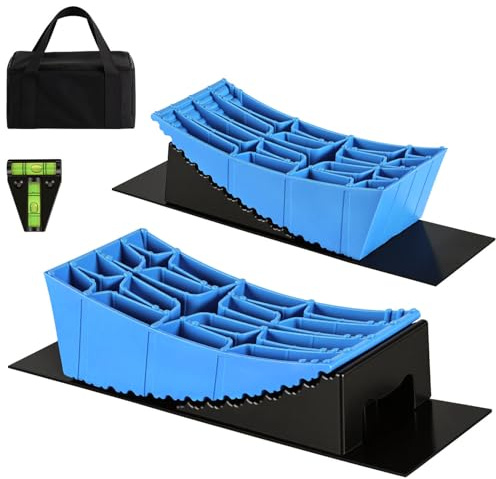 Jayseuw Auffahrkeile Wohnmobil 2er Set 2-10cm rutschfest - Blau | Stufenlos verstellbar 2-10cm; inkl. Gummimatten, Wasserwaage & Tragetasche; rutschfest; für Wohnmobil, Camper & Anhänger; Aus