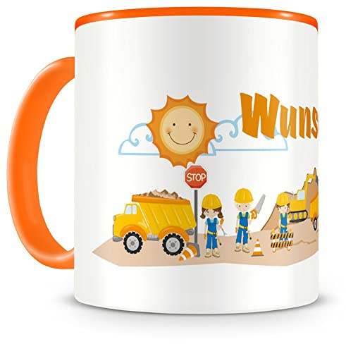 Samunshi® Kindertasse mit Namen Tasse Baustelle Personalisierte Tasse mit Namen Kinder Kinderbecher personalisierter Text Namenstasse Kindergarten orange 300ml