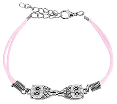 beyoutifulthings Wickel-Armband Eule Länge 235mm Breite 2,04mm verstellbar Armreif Karabinerverschluss Echt-Leder Edelstahl Seil Unisex pink