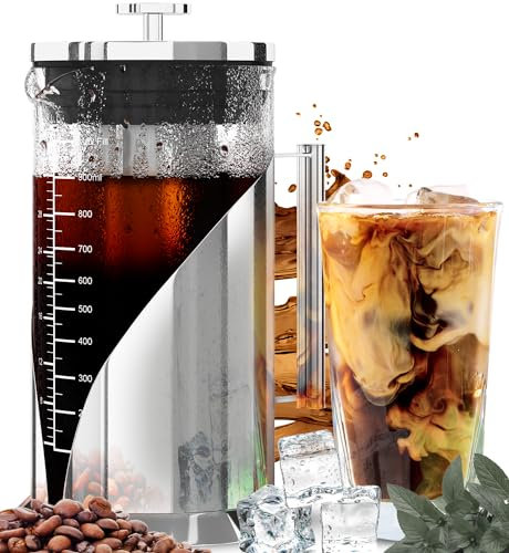 Cafe Du Chateau Cold Brew Coffee Maker - Air Tight Seal with Faster Steep Time - Ice Tea and Coffee Server - Stainless Steel Iced Coffee Maker Press