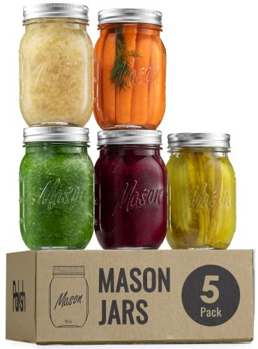 Paksh Novelty Mason Jars 16 oz - 5-Pack Regular Mouth Glass Jars with Lid & Seal Bands - Airtight Container for Pickling, Canning, Candles, Home Decor, Overnight Oats, Fruit Preserves, Jam or Jelly