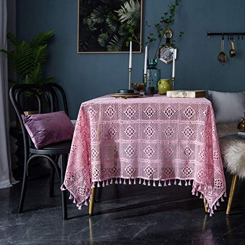HUALEMEI Rosa Spitze Tischdecke,handgemachte Vintage Häkeln Makramee Baumwolle Gewebt Hohle Tischbezug Mit Quasten Für Küche Runde Rechteckiger Tisch Pink 60 * 60cm(24 * 24inch)
