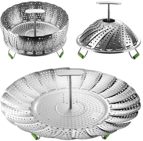 Flexzion Veggie Steamer Basket - Stainless Steel Steam Basket for Vegetables, Fish, Meats, Eggs w/Extendable Handle - Expandable Foldable Cooking & Steaming Basket for Various Size Pot, 7 to 11 Inch | Collapsible, Expandable Steamer for Cooking with Removable Center Handle and Raised Feet for Vegetables, Eggs and Dumplings