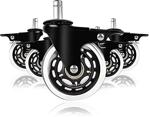 YAOBLUESEA 5 ruote per sedia da ufficio, 11 mm x 22 mm, universali, silenziose, antigraffio, ruote di ricambio per sedie da ufficio, parquet, pavimenti in laminato, con freno