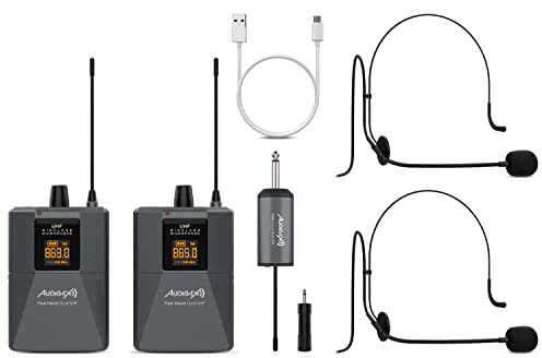 Audibax Missouri Free Hand Dual UHF - Système de Microphone Sans Fil à Double Casque - Microphone Sans Fil à Transmission par Signal RF - Récepteur à Portée de 8 Heures - Rechargeable avec USB Type C