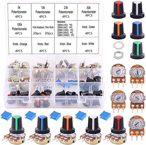 RUNCCI-YUN 25PCS Potentiometer kit,Linear Potentiometer (B5K B10K B20K B50K B100K) Rotary Potentiometer 3 pin Variable Resistors +5 pieces 3296W potentiometer trimmer kit(1K 5K 10K 50K 100K ohm)