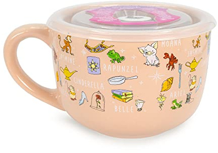 Disney Princess Ceramic Soup Mug with Vented Lid | Bowl For Ice Cream, Cereal, Oatmeal | Large Coffee Cup For Espresso, Caffeine, Beverage | Cute Home & Kitchen Decor Essentials | Holds 24 Ounces