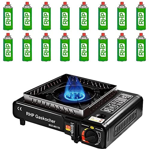 RHP Réchaud à gaz d'extérieur I Cuisinière à gaz avec 16 cartouches de gaz à baïonnette – Pour camping, voyage, vacances, randonnée, pique-nique, jardin – Avec mallette pratique – Jusqu'à 30 % de