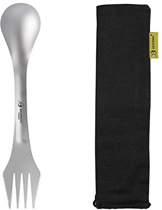 SILVERANT Titan Löffel/Spork mit Griff, 3in1 Titan Camping Besteck Multifunktional Göffel Spork, Messer Löffel Gabel Kombi Outdoor Reisebesteck