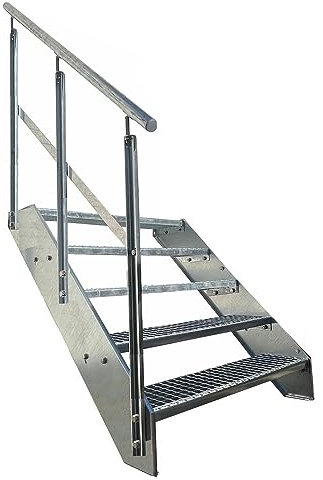 Premium Caillebotis acier Escalier à limon 5 Marches Entièrement galvanisé avec garde-corps à gauche - Dimensions (L x l x H) 101cm x 80cm x 95cm