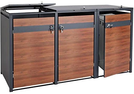 XL 3er/6er-Mülltonnenverkleidung HWC-J82, Mülltonnenbox, Metall 97kg, anthrazit - Kirsche-Holzoptik Dunkelbraun