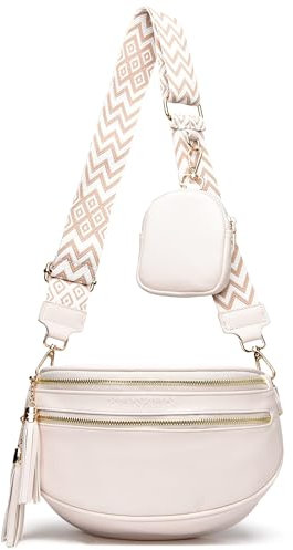 KUNKUN Sac à Bandoulière pour Femme Beige 5cm Large sangle Sac Banane femme Petit Sac a Main Femmes Bandoulieres en Cuir Végétalien Avec Porte Monnaie Amovible