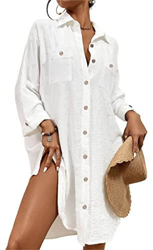 Bsubseach Womens Modern Swimsuit Cover Up Blouse Button Down Shirt Dresses Tops White L