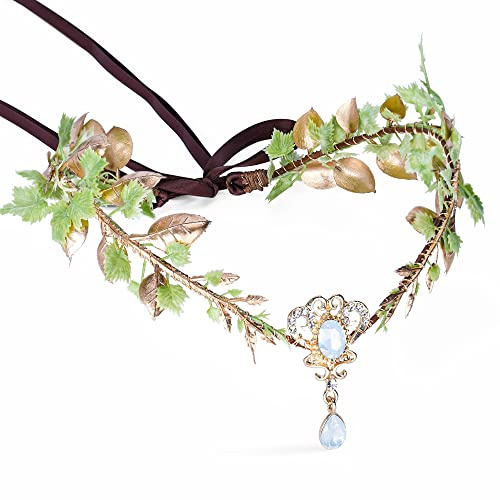 MOSTORY Copricapo fatto a mano con foglie verdi, elfo, corona di cristallo da dea, elfo, diadema, cerchietto, tiara, per matrimonio, sposa, compleanno, donna, costume per capelli