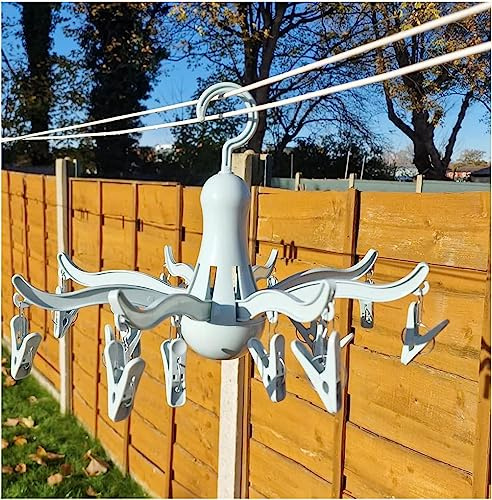 HV HOME VALE Octopus Drying Hanger 8-Claws with 16 Clothes Pegs, Easy to Fold and Store Laundry Airer, Indoor & Outdoor Clothes Dryer, Compact Space Saving Design (Blue)