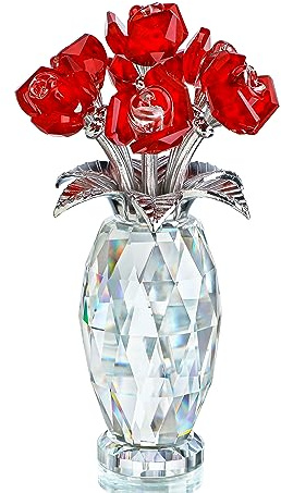 Red Crystal Rose Flower Figurine with Base,Glass Flower Bouquet Gifts for Women Girlfriend Wife,Handmade Crystal Flower Collectible Home Table Decor ​for Christmas Day Wedding Anniversary