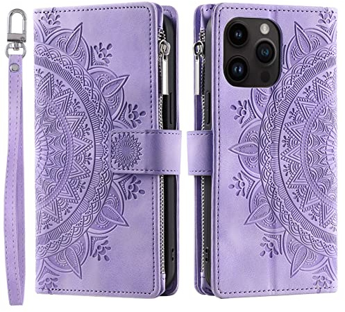VEEMOS Handyhülle für iPhone 15 Pro Max hülle Klappbar Blumen Handytasche Schutzhülle Klapphülle mit Kartenfach Handy Tasche Book Cover Flip Case Ständer - Lila