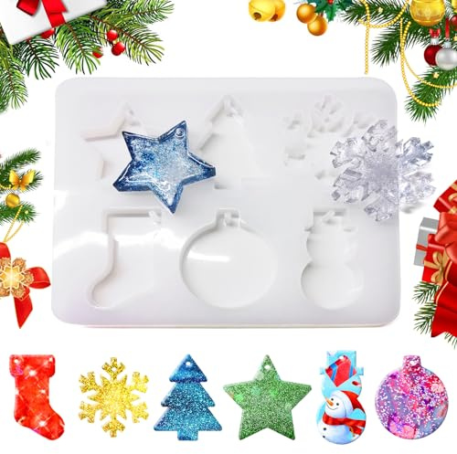 1Stk Silikonform Weihnachten, Resin Silikonformen Epoxidharz Formen Silikon Weihnachten Thema Silikonform Anhänger, Harz Gießform Weihnachtsbaum Schneeflocke Stern Resin Mold für DIY Weihnachtsschmuck