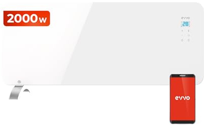 EVVO Convector C2000 Cristal Blanco - Calefactor Bajo Consumo 2.000W, Radiador Electrico Bajo Consumo, Pantalla Táctil, Wifi y App Móvil, Instalación Suelo o Pared, Google Home Alexa, Mando Distancia