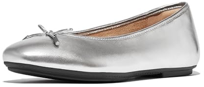 FitFlop Delicato Bow Soft Metallic-Leather Ballet Flats, Color: Silver, Size: 8.5 (IH2-011-065)