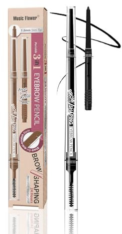 Music Flower Lápiz de cejas - Lápiz de cejas 3 en 1, Pluma de cejas ultrafina con cepillo y recortador de cejas, Regalos de maquillaje de ojos de larga duración para mujeres, Negro