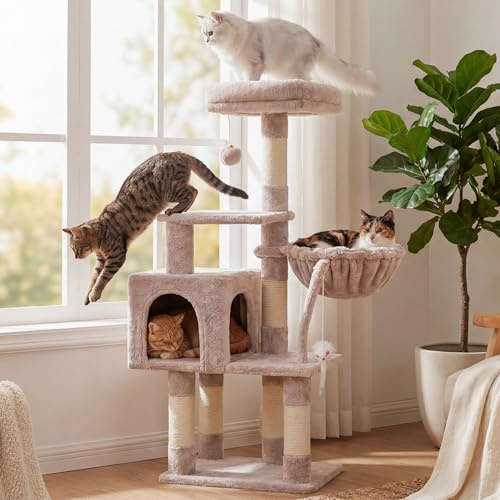 Hey-brother Kratzbaum, 111 cm Katzenbaum mit Spielzeug, Katzenkratzbaum mit Plattform, Hängematte und Sisal-Kratzstämmen, Beigebraun EMPJ004SMU-N