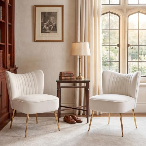 chairus Sessel Wohnzimmer Samt 2er Set, Gepolsterter Loungesessel Beige | Modern Relaxsessel Akzentstuhl mit Metallbeinen Einzelsofa, Lesesessel Bequemer für Schlafzimmer Wohnzimmer Balkon Leseecke