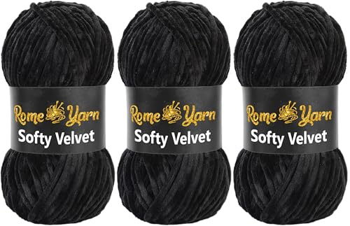 Rome Yarn Softy Velvet Wolle 3 x 100g | Samtgarn Chunky Chenillewolle Babywolle Amigurumi Super Bulky Garn zum Häkeln und Strickwolle (902 Schwarz)