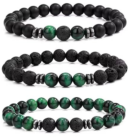 APMGONT 8 mm Perlenarmbänder Set, 3 pcs Perlenarmband Herren mit Schwarzen Lavastein, Naturstein Yoga Perlen Elastische Armbänder Verstellbares Herren Armbänder Set Geschenke für Männer