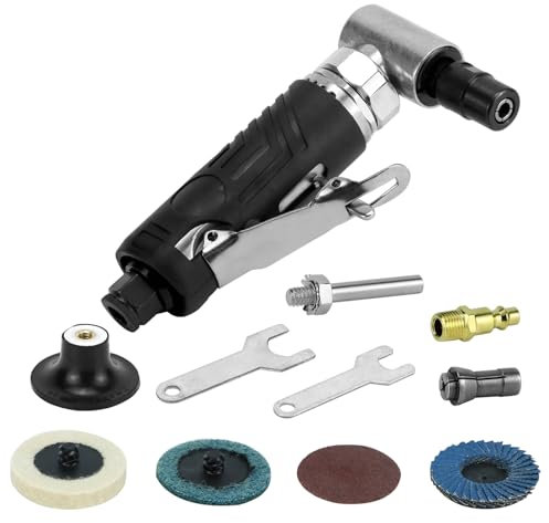 QWORK Air Grinder, 90 Degree Mini Compressed Air Angle Die Grinder, Sander & Polisher Tool Set with 4 Sand Discs