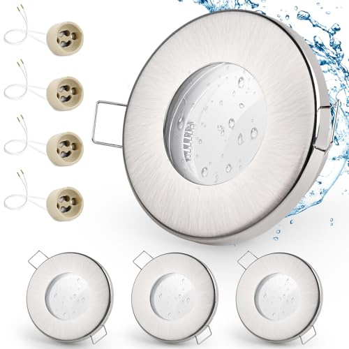 GeyouLux Marco Foco Empotrable Níquel cepillado Incl. GU10 Zócalo IP65 Ojos de buey led para techo Hierro Downlight led techo empotrable Para 50MM MR16 Lámparas O Halógena Baño Sala, 4 Pack, 68mm