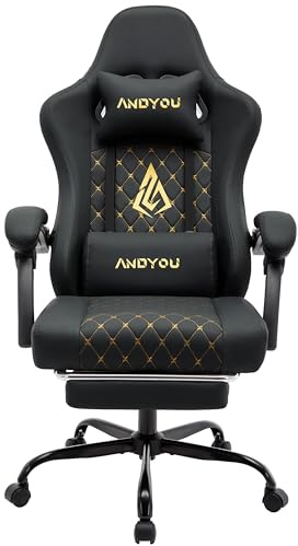 Andyou Sedia Gaming, Sedia da Ufficio Ergonomica, Sedie da Corsa Per PC, Pelle PU, Ampia Sedie Operativa Girevole Regolabile con Poggiapiedi, Carico 150 kg, Nero