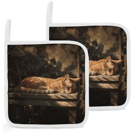 Confezione da 2 presine con gatto arancione che dorme, resistenti al calore, spessi cuscinetti caldi con anello antiscivolo, set di presine quadrate per cucina, cucina, forno, barbecue, 20 x 20 cm