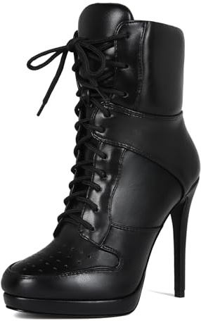 Oisbmats Women's Round Toe Stiletto High Heel Lace Up Clubwear Novelty Cross-Tied Ankle Boots US 7.5, Black
