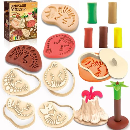 AMSNINK Accesorios de plastilina, juego de herramientas de amasado de dinosaurios para niños, 5 colores, plastilina con 4 dinosaurios y 2 formas de escena, rodillo y herramientas, juguete educativo