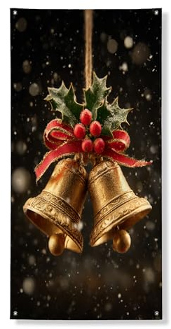 Campane natalizie per porta, striscione decorativo, campane dorate festive, sfondo agrifoglio, decorazione per interni ed esterni, 91 x 182 cm