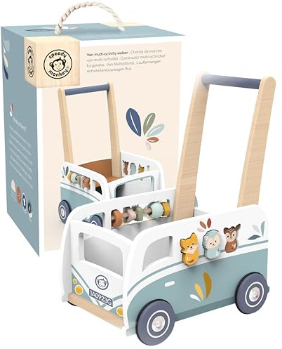 Speedy Monkey Van Multi-Activity Walker for Toddlers 12m+, Kids Gift | Wooden baby walker and activity station with animal shape sorter, early learning push toy for kids