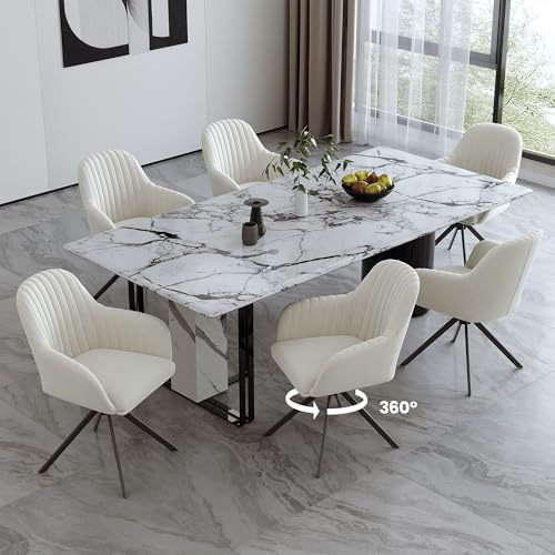 Hawthyhome Esszimmerstühle 6er Set Samt Drehstuhl Creme/Schwarz | Drehbar Esszimmerstuhl mit Armlehne,Küchenstuhl mit Metallgestell und Rückenlehne für Esszimmer,Wohnzimmer,Büro