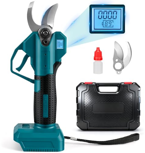 Tijeras de Podar Eléctricas Compatibles con Batería Makita 18V, Diámetro de Corte 30 mm, Tijeras de podar con batería con 3 marchas, Motor sin Escobillas, Pantalla LED, cuchillas de repuesto