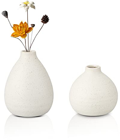 Set of 2 White Ceramic Vase for Flower, 12CM + 16CM Decorative Vases Boho Pottery Floral Vase for Pampas Grass Dried Flowers Arrangement Home Office Decor Living Room Mantel Table Ornament