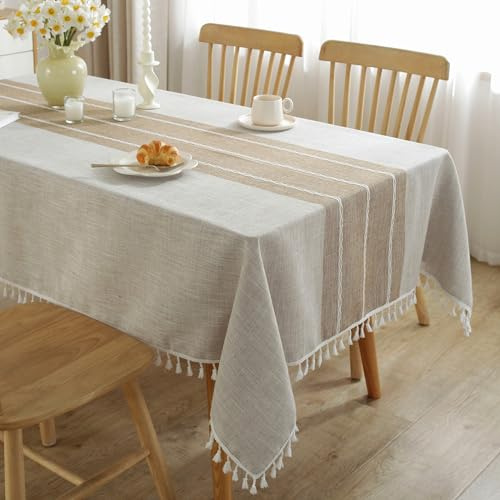 JIALE Tablecloths for Rectangle Tables, Cotton Linen Table Cloth Waterproof Tablecloth Wrinkle Free Farmhouse Dining Tables Cover, Soft Fabric Table Cloths with Tassels, Brown, 55 X 86, 6-8 Seats