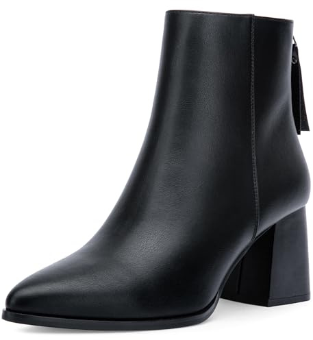 Jeossy Women's Black Chunky Heeled Ankle Boots, Pointed Toe Stacked Block Heel 9635 Booties with Zipper Size 8 (DJY9635 Black 08)