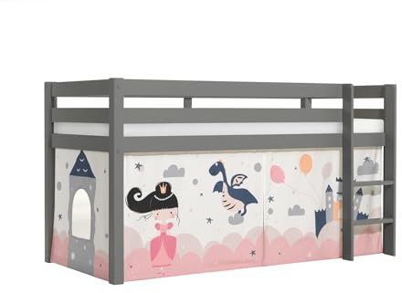 möbelando Spielbett >Pino< in Kiefer massiv grau lackiert - 210x114x106 (BxHxT)
