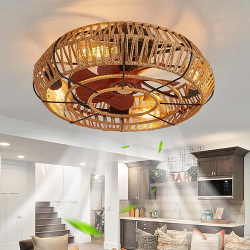 Caufloce Vintage Ventilateur Plafond Avec Lumiere Et Télécommande, Led Réversibles Dimmable Plafonnier Ventilateur De Plafond Silencieux 6 Vitesses Dc Lustre Ventilateur Pour Chambre, Salon