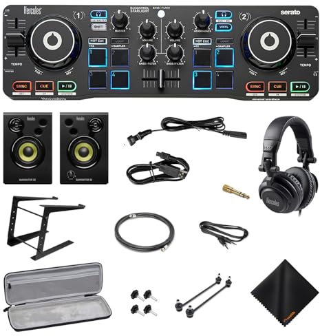 Hercules DJ Starter Kit - Starlight USB DJ Controller with On-Stage Laptop Stand, Waith Hard Carry Travel Case and Waith Cleaning Cloth - Serato DJ Lite Software Include (Bundle Set)