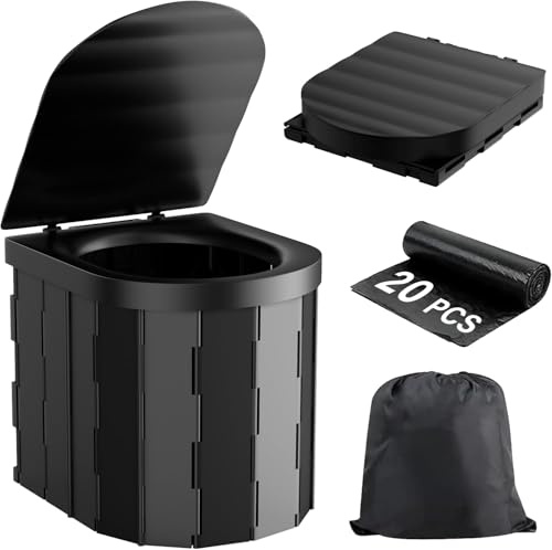Portable Camping Toilet with Lid, Foldable Travel Toilet for Adults with Carry Bag and Disposal Bag, Outdoor Portable Toilet for Camping, Fishing, Campervan, Caravan & Festivals, 150kg Load Capacity
