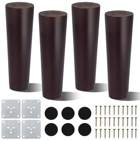 AWBEOT 4 Pcs Möbelfüße Holz 15 cm Tischbeine aus Holz Konisch Möbelbeine Massivholz Schrankfüße Holzbeine Ersatz Sofafüße Rund mit Montageplatten,Schrauben,Filzgleiter,für Bett,Sofa,Stuhl,Walnussfarbe
