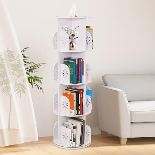 Yosamy Bücherregal Drehbar 360, Bücherregal Rund, 4 Ebenen 16 Fächer, mit Handyhalterung, Tischdecke, Weiß 39x39x128 cm Werkzeuglose Montage